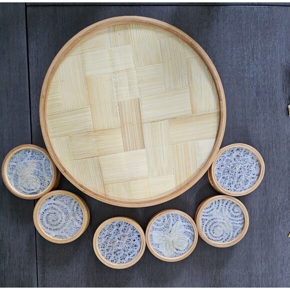 Vintage Round Bamboo Serving Tray Butterfly with Coasters Set of 7 Taiwan - Picture 7 of 12